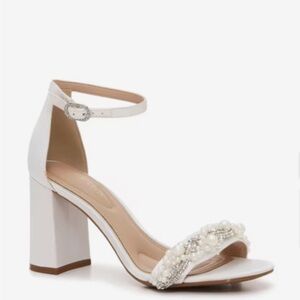 Kelly & Katie White Pearl-Embellished Block Bridal Heels